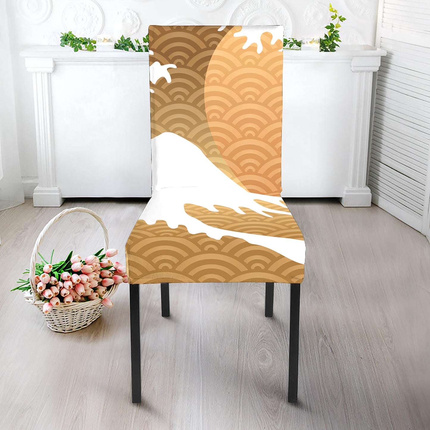 Golden Kanagawa Wave Print Dining Chair Slipcover