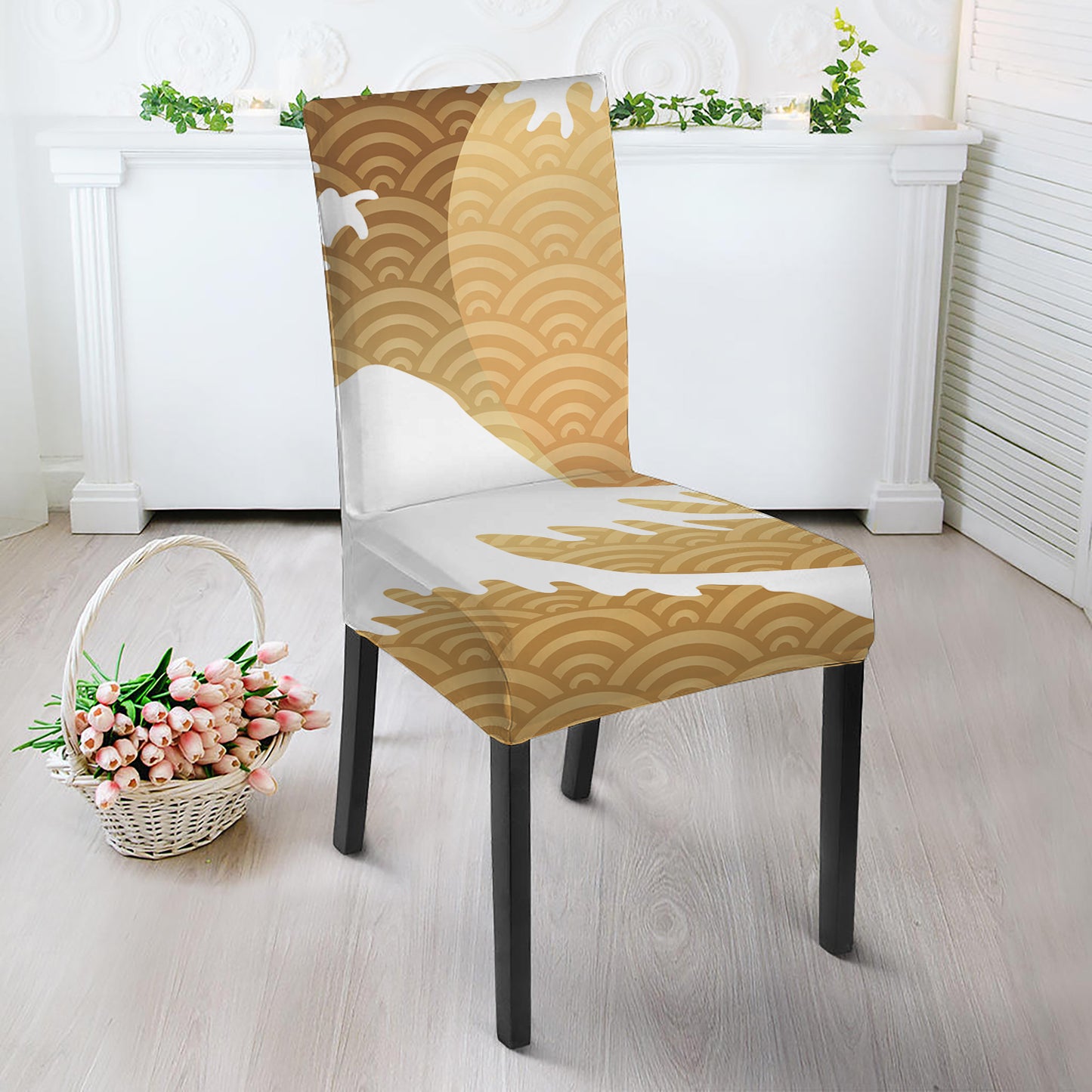 Golden Kanagawa Wave Print Dining Chair Slipcover