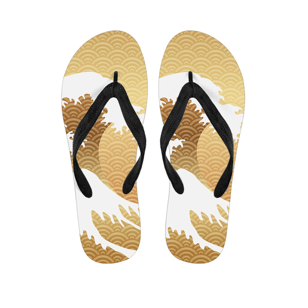 Golden Kanagawa Wave Print Flip Flops