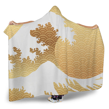 Golden Kanagawa Wave Print Hooded Blanket