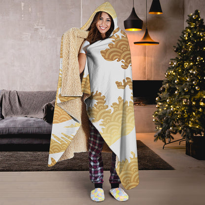 Golden Kanagawa Wave Print Hooded Blanket
