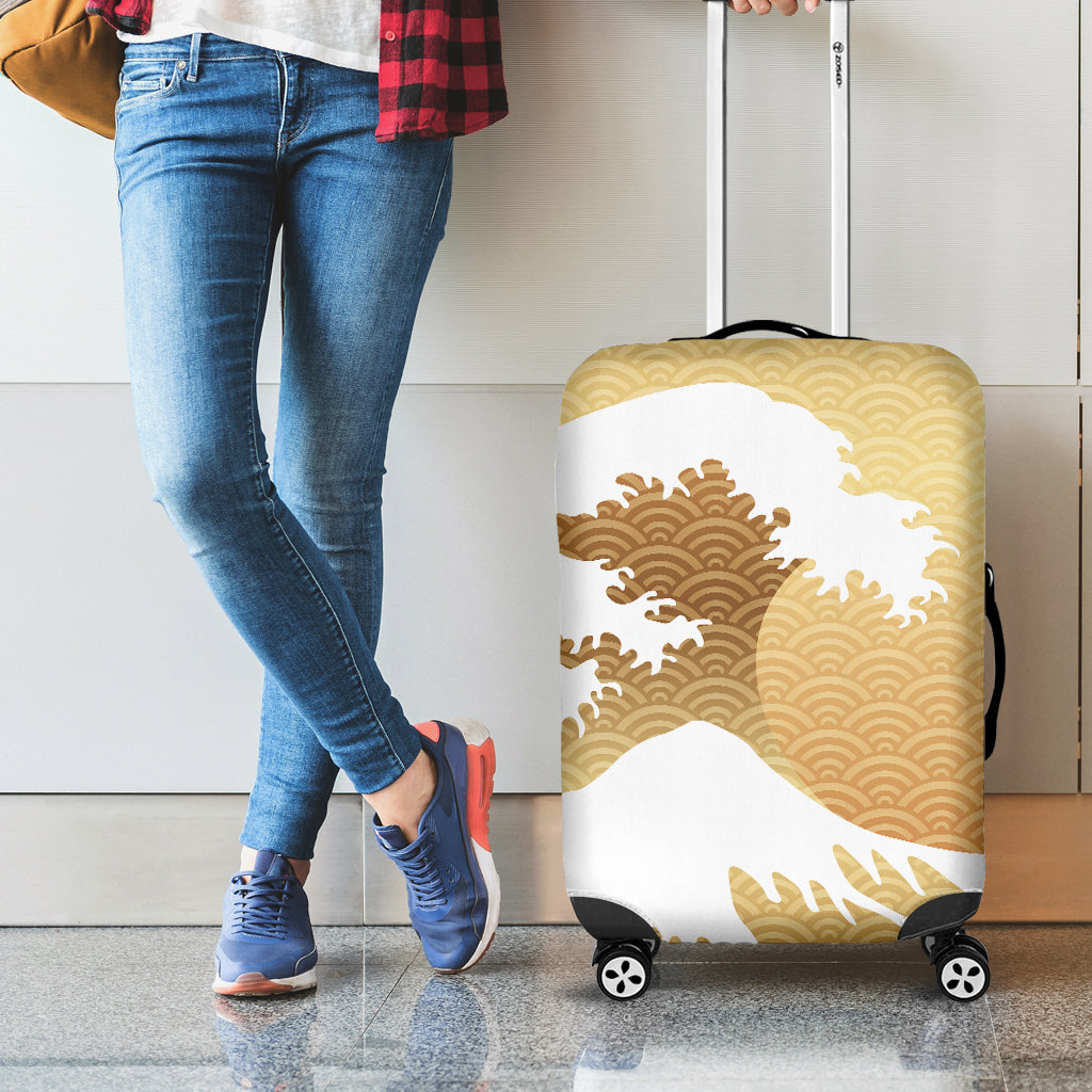 Golden Kanagawa Wave Print Luggage Cover