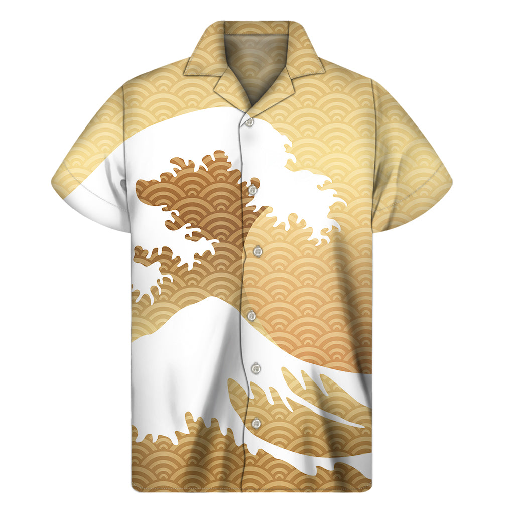 Golden Kanagawa Wave Print Men's Short Sleeve Shirt