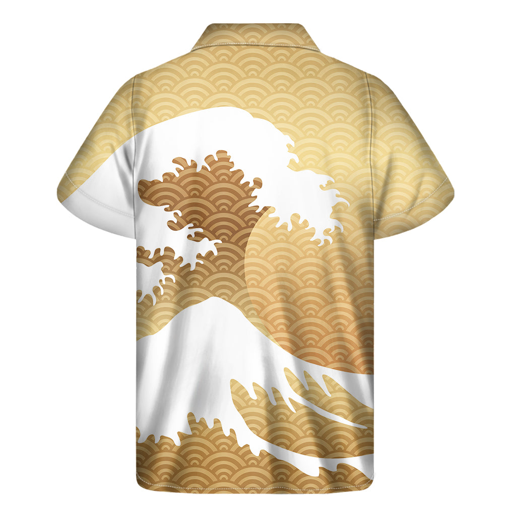Golden Kanagawa Wave Print Men's Short Sleeve Shirt