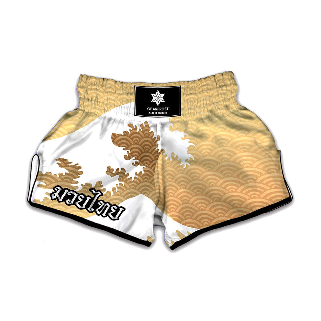 Golden Kanagawa Wave Print Muay Thai Boxing Shorts