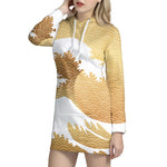 Golden Kanagawa Wave Print Pullover Hoodie Dress