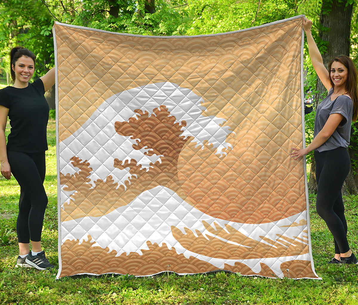 Golden Kanagawa Wave Print Quilt