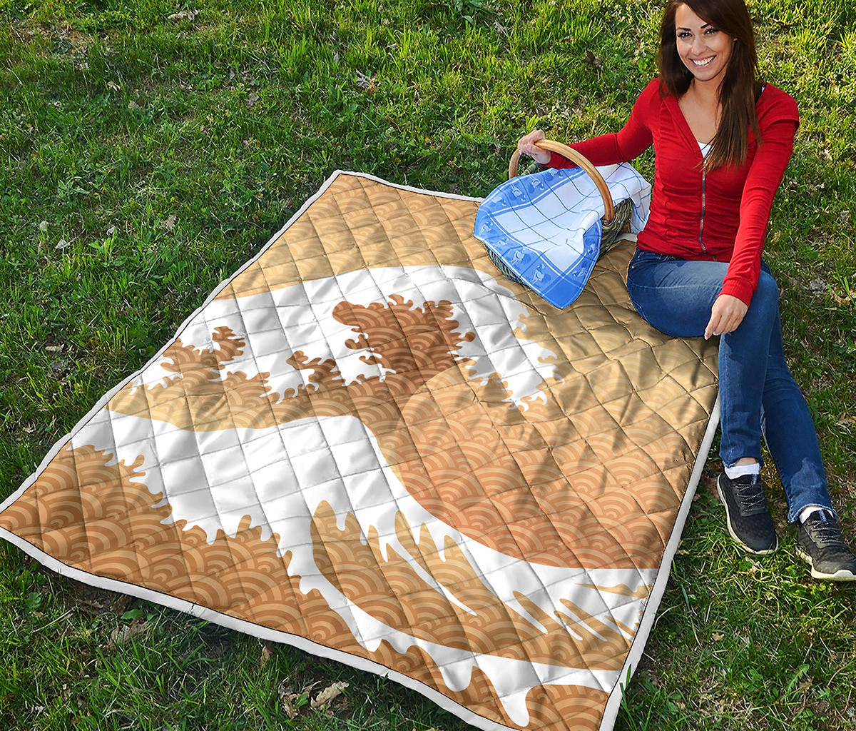 Golden Kanagawa Wave Print Quilt