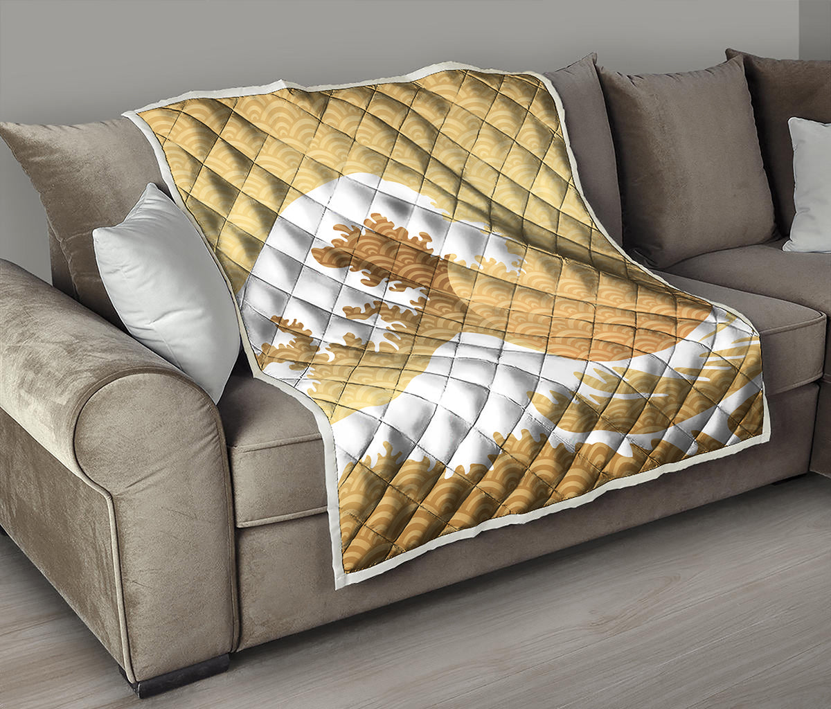 Golden Kanagawa Wave Print Quilt