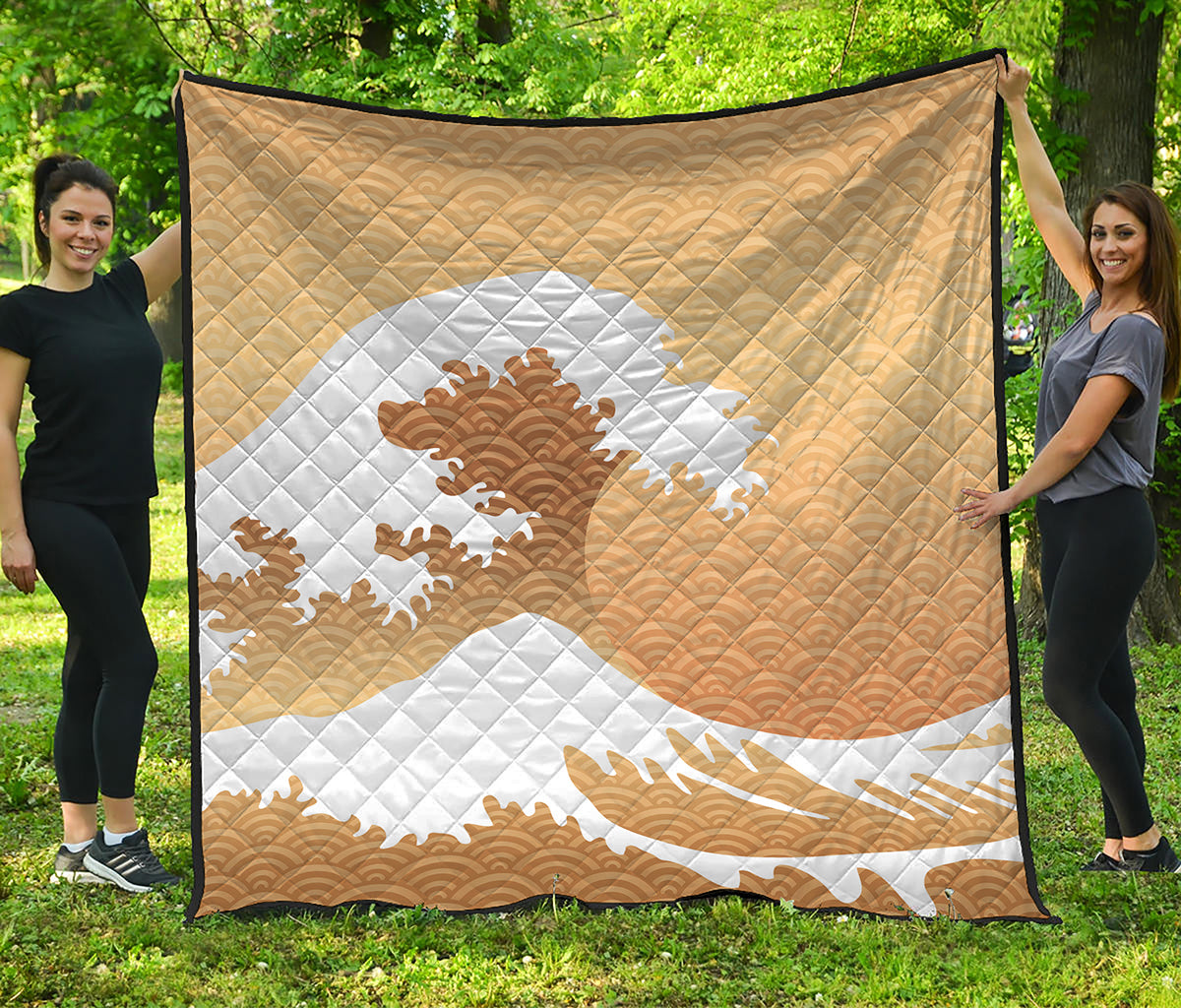 Golden Kanagawa Wave Print Quilt