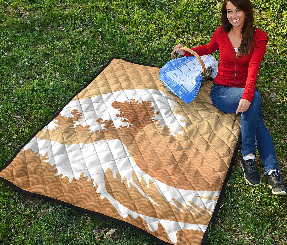 Golden Kanagawa Wave Print Quilt