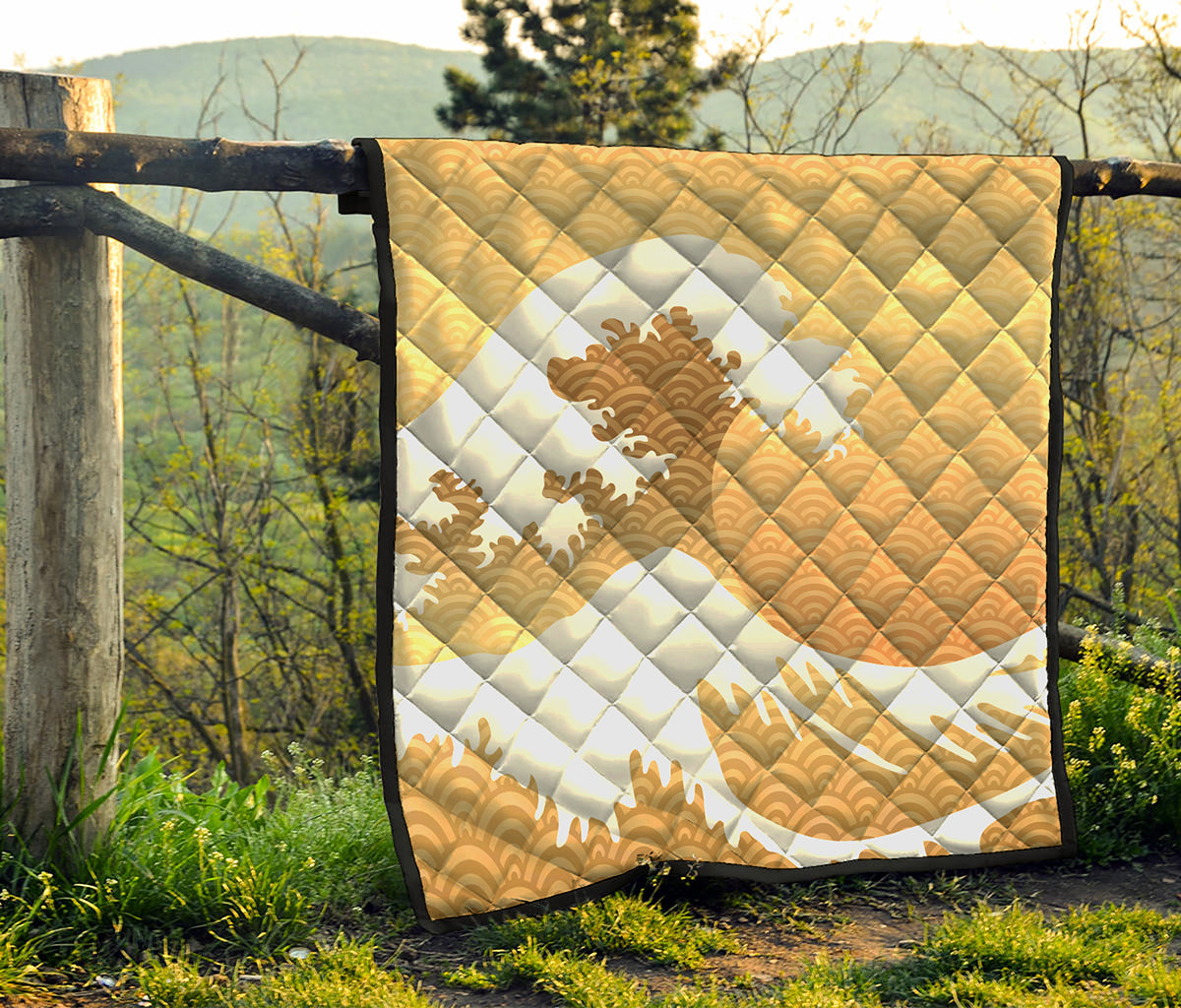 Golden Kanagawa Wave Print Quilt