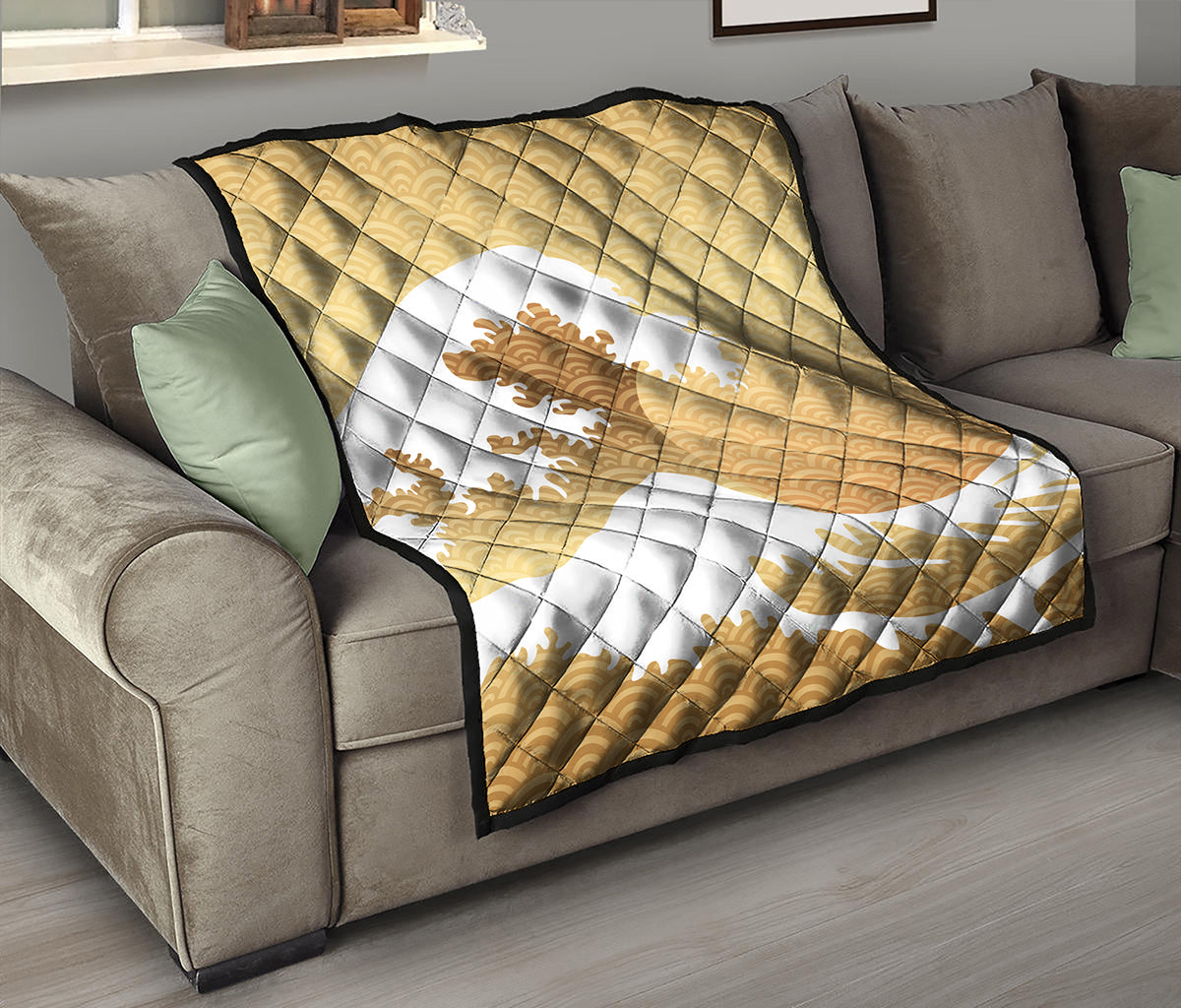 Golden Kanagawa Wave Print Quilt