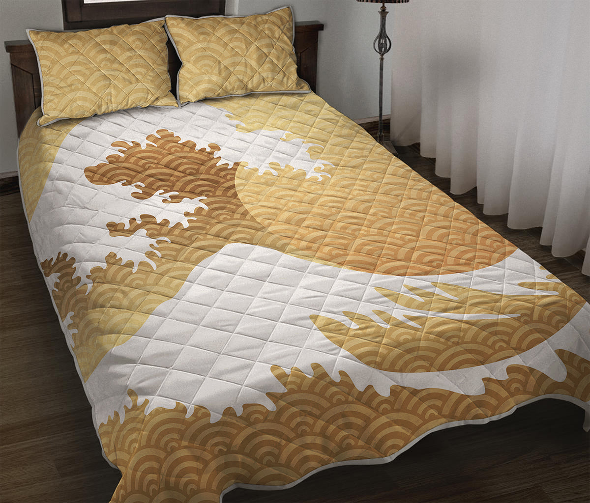Golden Kanagawa Wave Print Quilt Bed Set