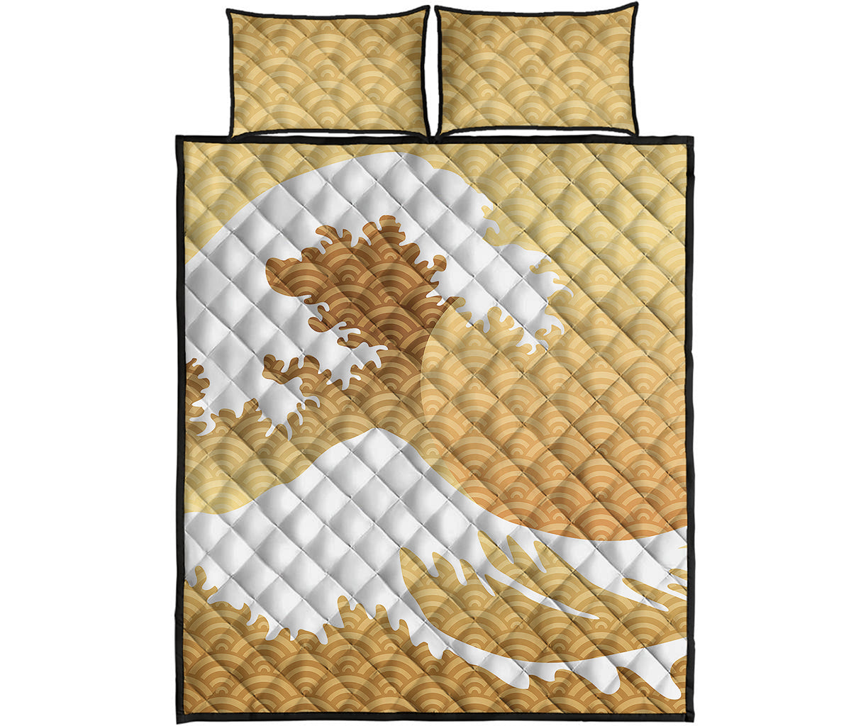 Golden Kanagawa Wave Print Quilt Bed Set