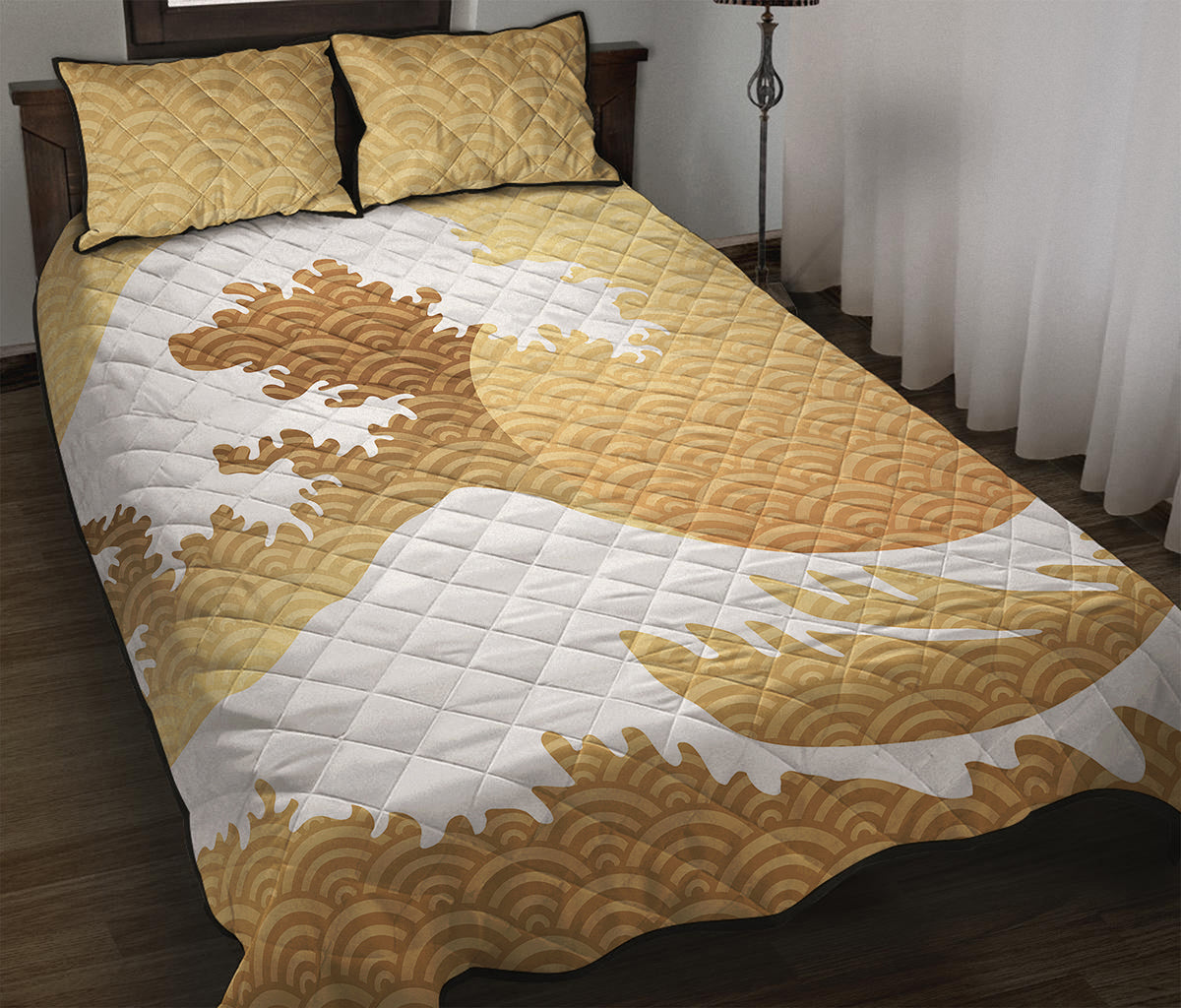 Golden Kanagawa Wave Print Quilt Bed Set