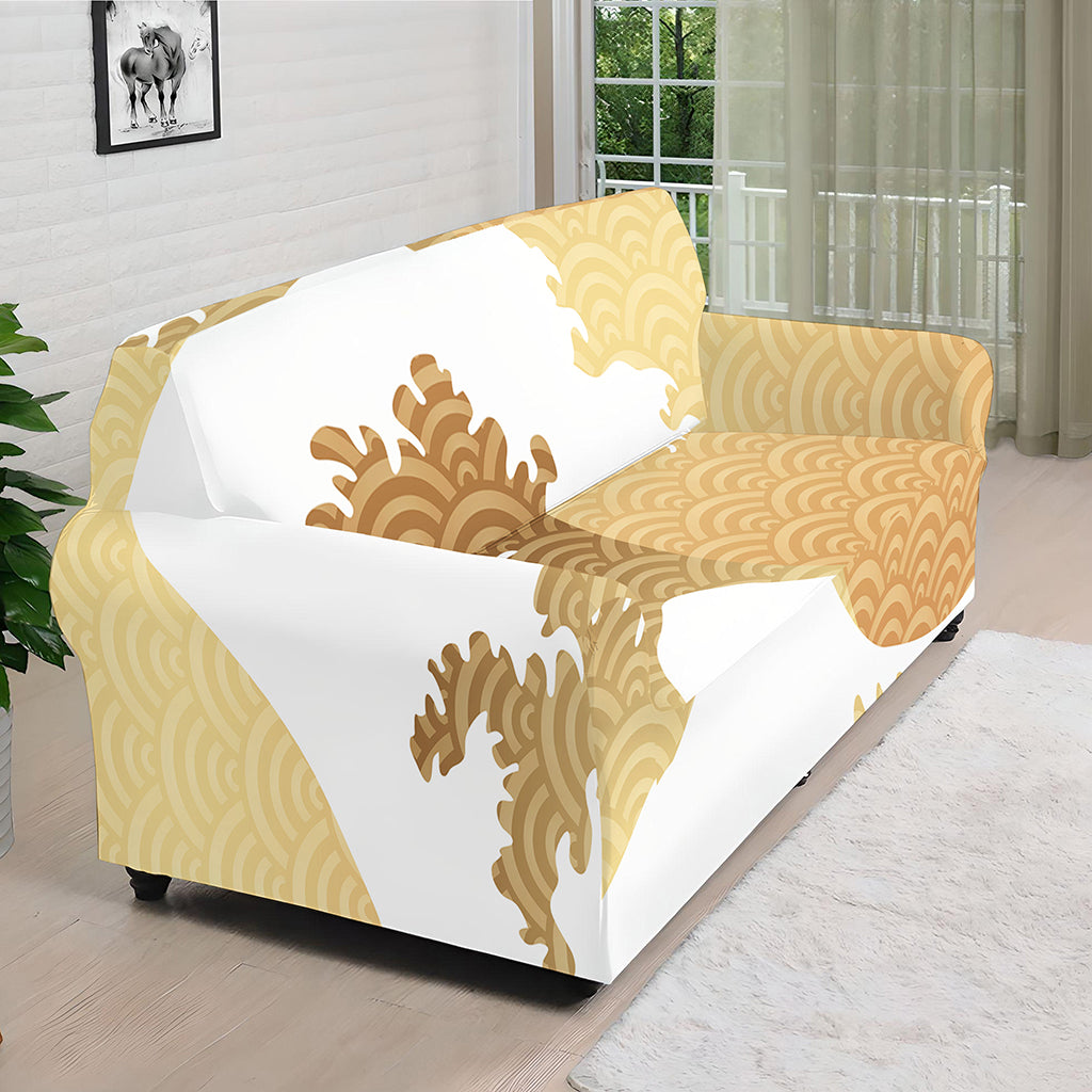 Golden Kanagawa Wave Print Sofa Cover