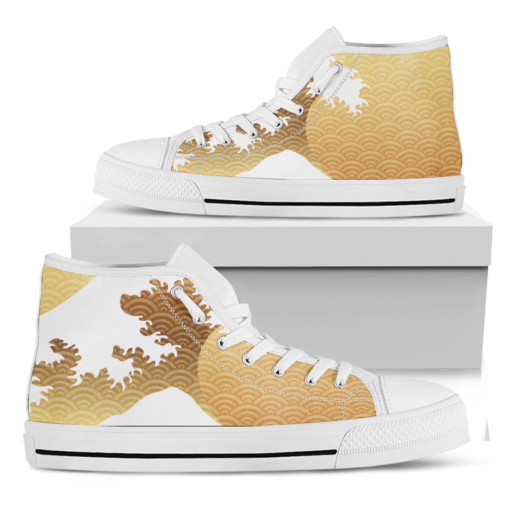 Golden Kanagawa Wave Print White High Top Shoes