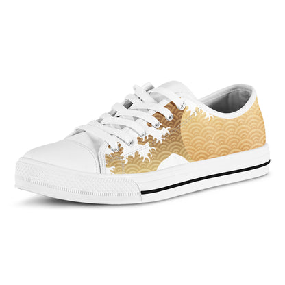 Golden Kanagawa Wave Print White Low Top Shoes