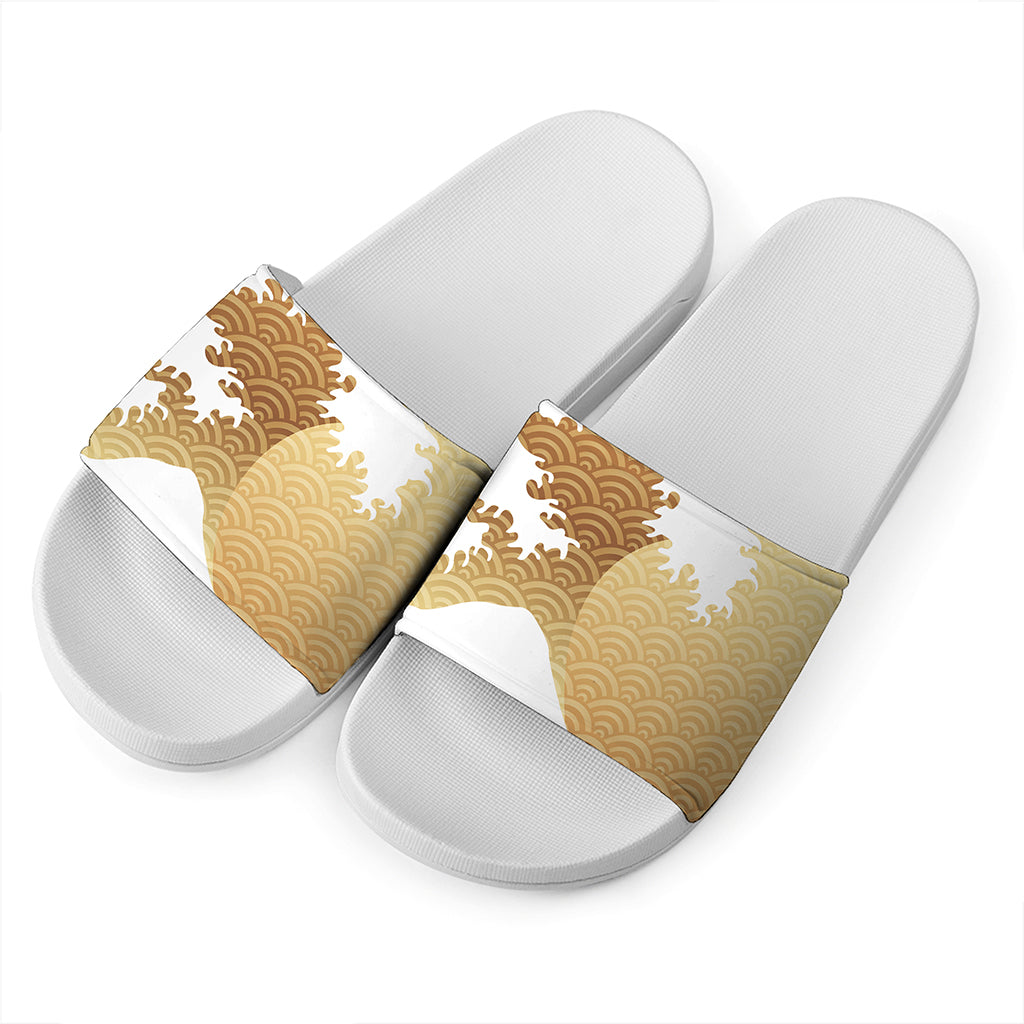 Golden Kanagawa Wave Print White Slide Sandals