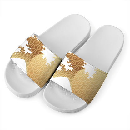 Golden Kanagawa Wave Print White Slide Sandals