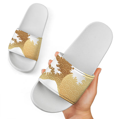 Golden Kanagawa Wave Print White Slide Sandals