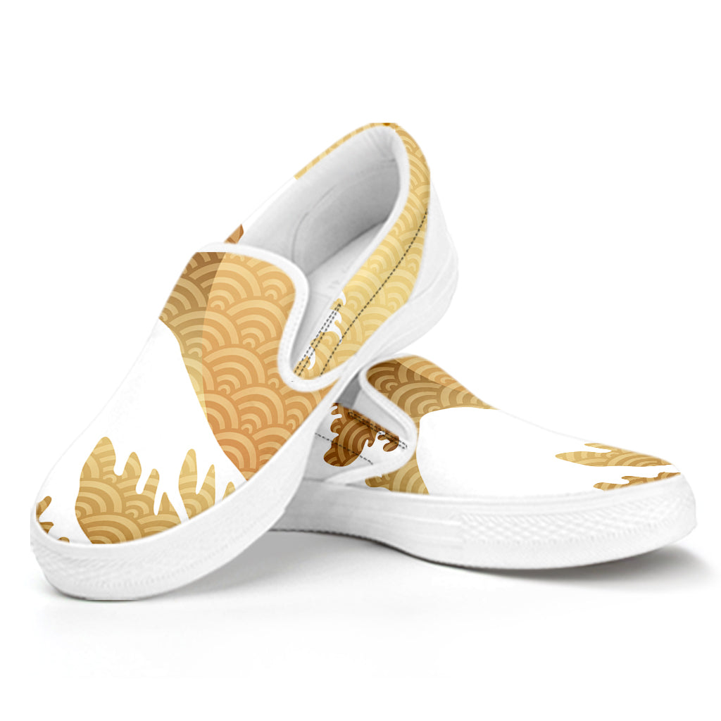 Golden Kanagawa Wave Print White Slip On Shoes