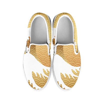 Golden Kanagawa Wave Print White Slip On Shoes