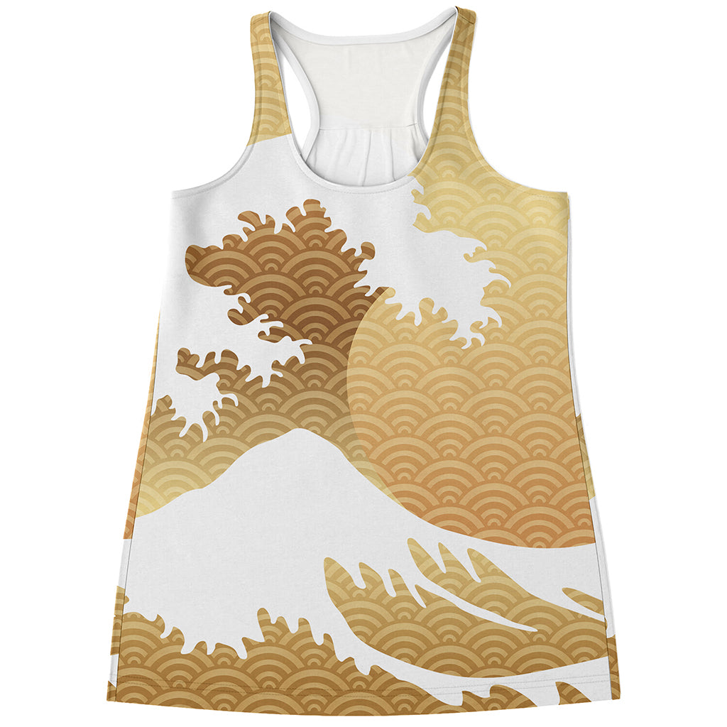 Golden Kanagawa Wave Print Women's Racerback Tank Top