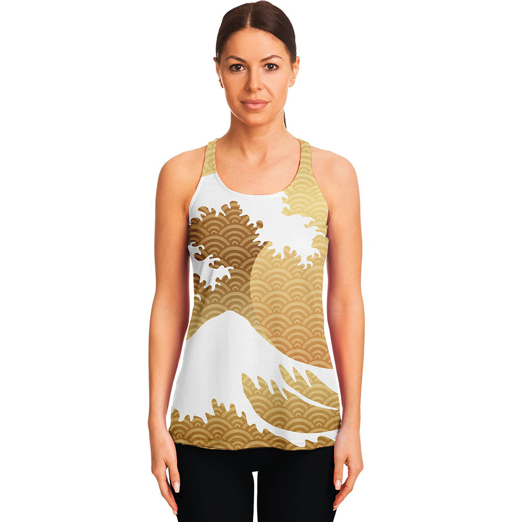 Golden Kanagawa Wave Print Women's Racerback Tank Top