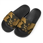 Golden Orchid Pattern Print Black Slide Sandals