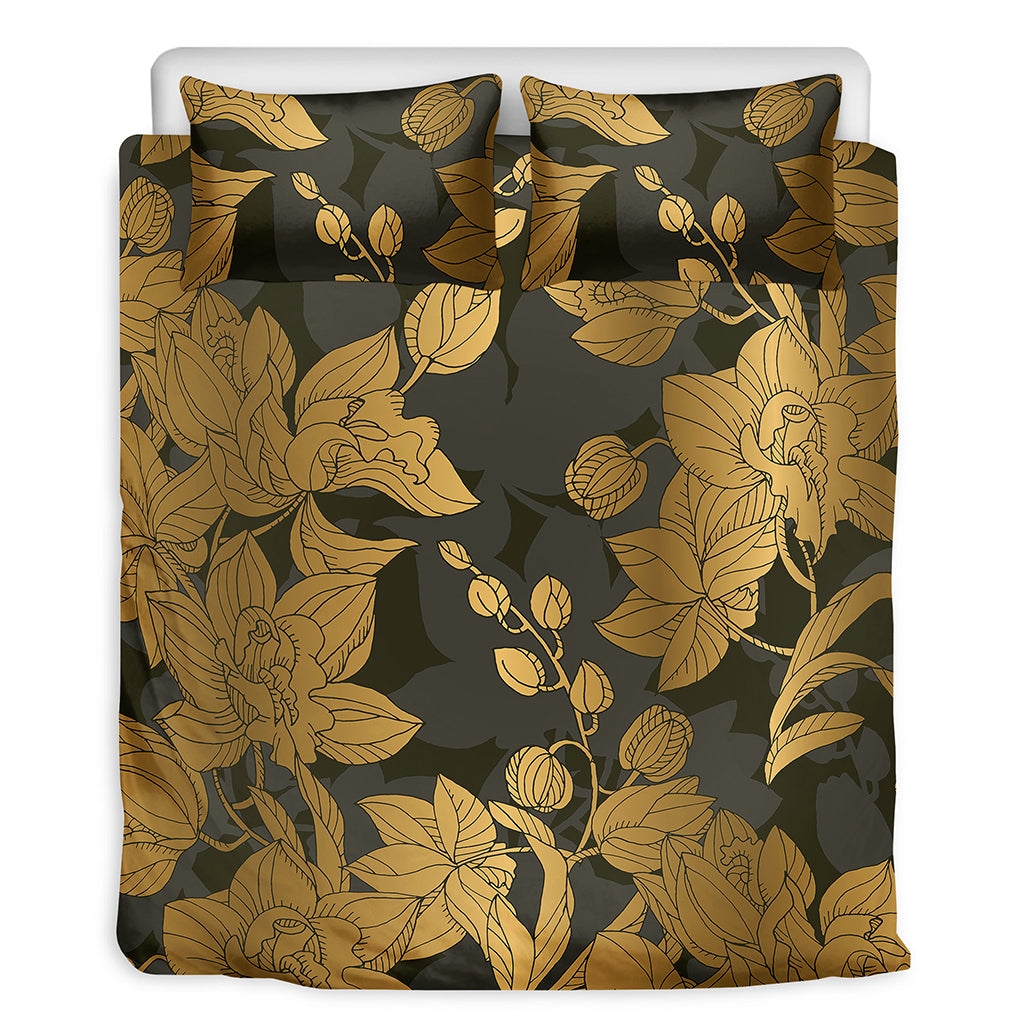 Golden Orchid Pattern Print Duvet Cover Bedding Set