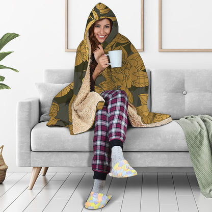 Golden Orchid Pattern Print Hooded Blanket