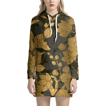 Golden Orchid Pattern Print Hoodie Dress