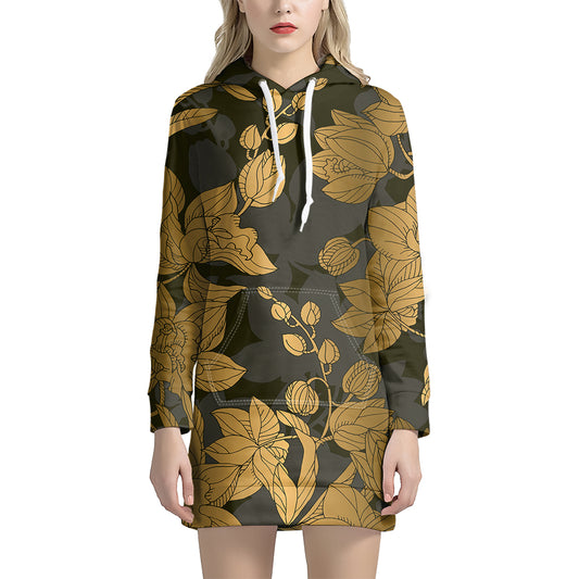 Golden Orchid Pattern Print Hoodie Dress