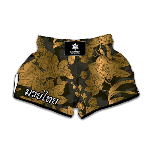 Golden Orchid Pattern Print Muay Thai Boxing Shorts