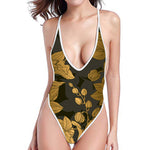 Golden Orchid Pattern Print One Piece High Cut Swimsuit