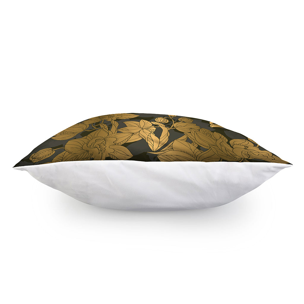 Golden Orchid Pattern Print Pillow Cover