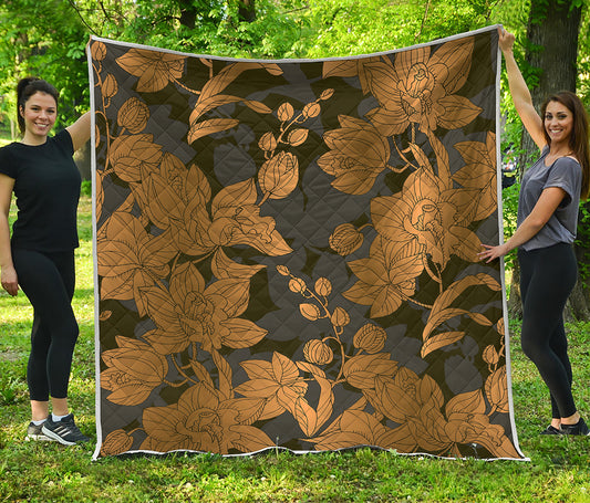 Golden Orchid Pattern Print Quilt