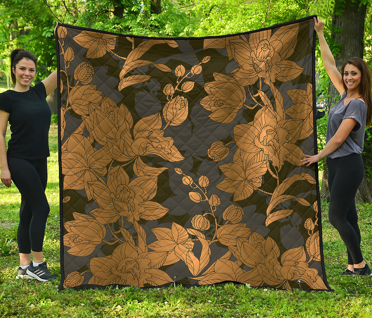 Golden Orchid Pattern Print Quilt
