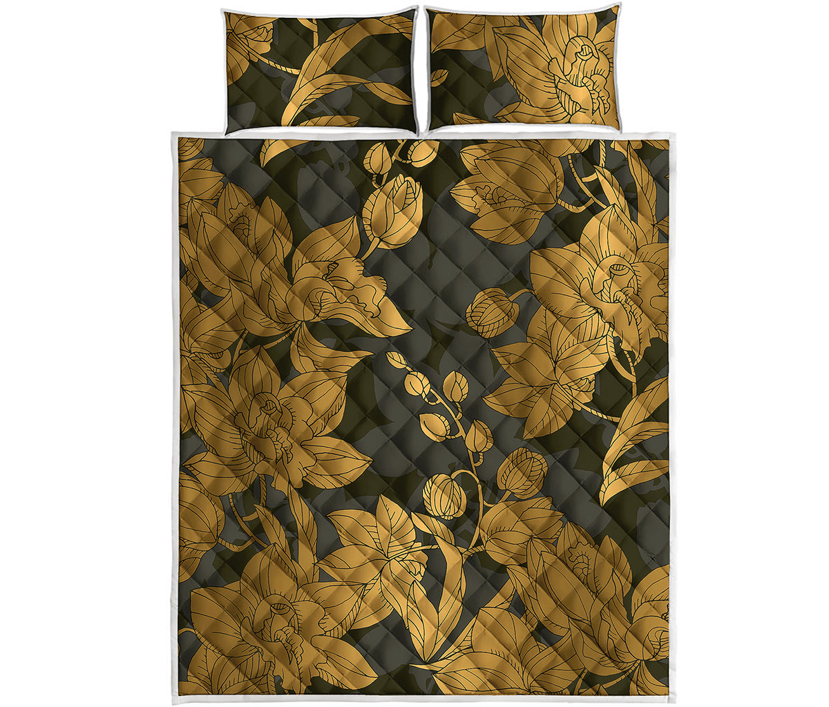 Golden Orchid Pattern Print Quilt Bed Set