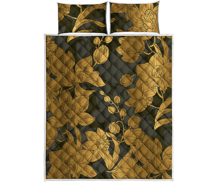 Golden Orchid Pattern Print Quilt Bed Set