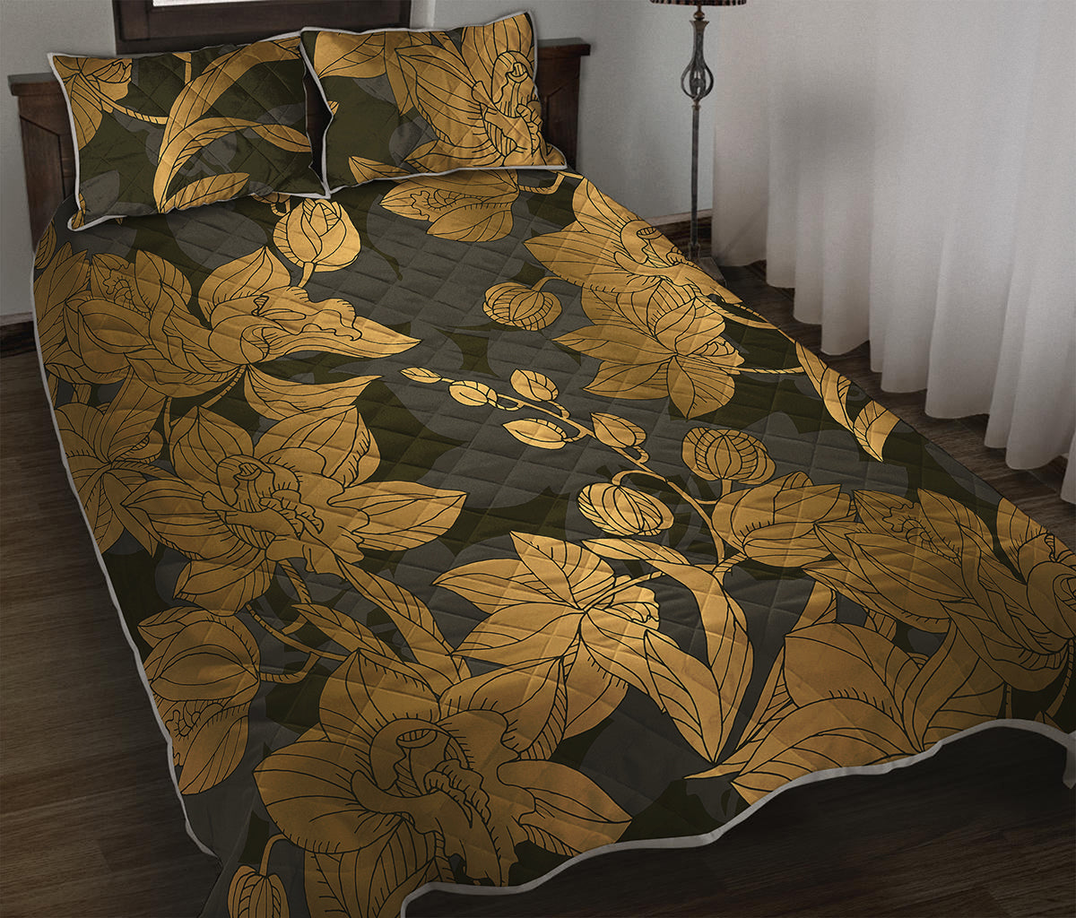 Golden Orchid Pattern Print Quilt Bed Set