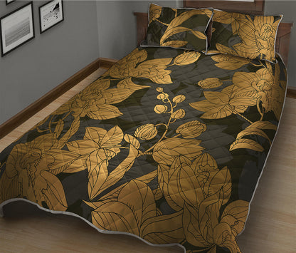 Golden Orchid Pattern Print Quilt Bed Set