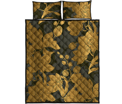 Golden Orchid Pattern Print Quilt Bed Set