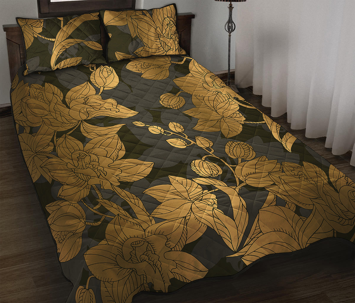 Golden Orchid Pattern Print Quilt Bed Set