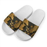 Golden Orchid Pattern Print White Slide Sandals