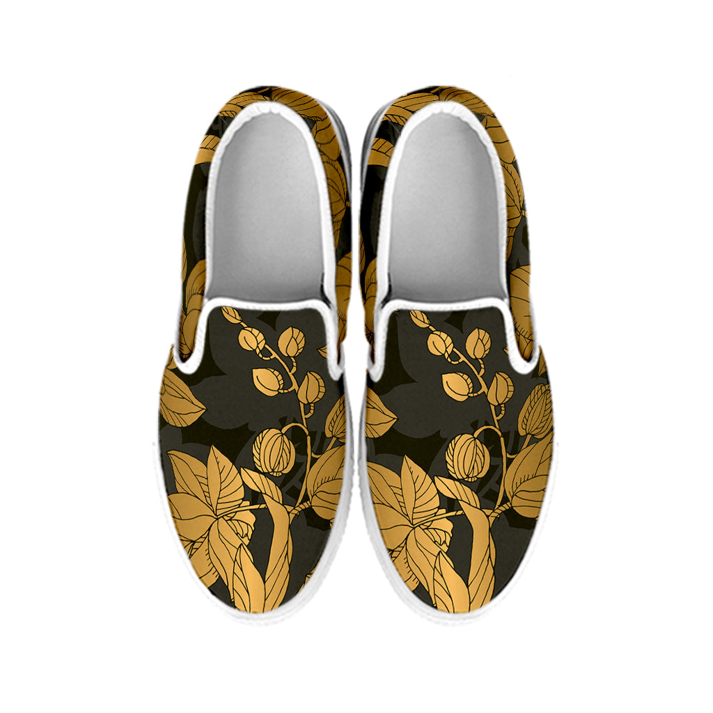Golden Orchid Pattern Print White Slip On Shoes