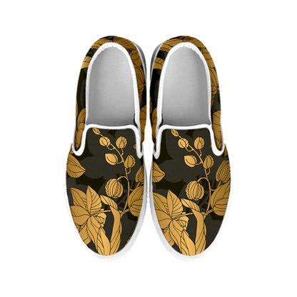 Golden Orchid Pattern Print White Slip On Shoes