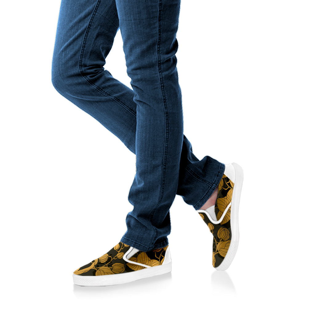 Golden Orchid Pattern Print White Slip On Shoes